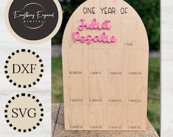 Tablero de fotos de un año de bebé SVG DXF, decoración de primer cumpleaños, fotos de 2" x 3", tablero de madera con nombre acrílico,