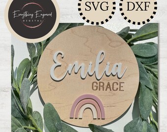 Rainbow Baby Birth Announcement Sign SVG DXF, Hospital Photo Props, Baby Shower Gift, Newborn Name Announcement Plaque, Engraved Boho Sign