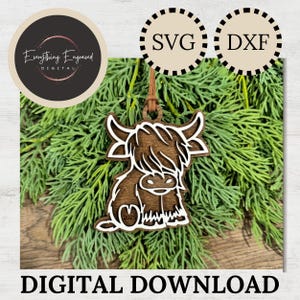 Highland Cow Christmas Ornament SVG DXF, Digital Download, Holiday Gift for Cow Lover, Rustic Farmhouse Ornament