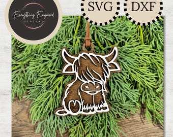 Highland Cow Christmas Ornament SVG DXF, Digital Download, Holiday Gift for Cow Lover, Rustic Farmhouse Ornament