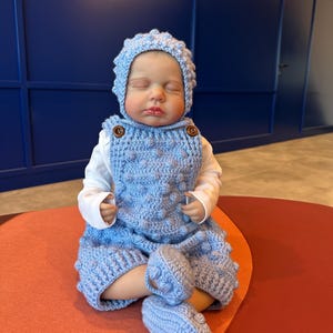 Handmade Blue Baby Boy Outfit – Crochet Romper, Bonnet & Booties Set