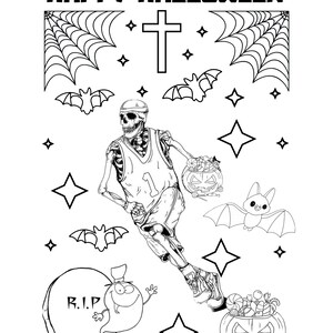 May include: Black and white illustration of a skeleton playing basketball with a pumpkin basket. The skeleton is wearing a jersey with the number 1. The image also includes a tombstone, bats, and a spider web. The text "Happy Halloween" is at the top of the image.