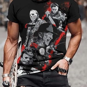 May include: Black t-shirt with a graphic print of various horror movie characters, including Freddy Krueger, Jason Voorhees, Michael Myers, and Leatherface.