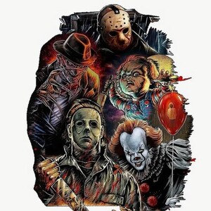 May include: A digital illustration featuring iconic horror movie characters. The image includes Jason Voorhees, Freddy Krueger, Michael Myers, Chucky, and Pennywise. The characters are set against a dark, ominous background with a red balloon.