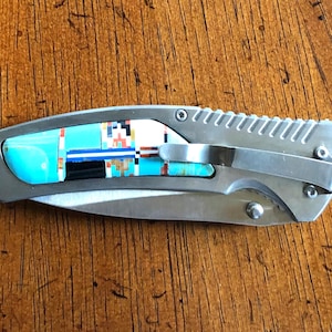Turquoise Inlay Pocket Clip Knife with Multi Stones - Micro Inlayed Knife - Stainless Steel Knife