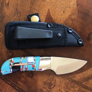 Inlay Pocket Knife with Black Sheath- Inlay Turquoise Knife with Multi Stones - Micro Inlayed Knife - Stainless Steel Knife