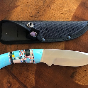 Inlay Pocket Knife with Black Sheath- Turquoise Inlay Knife with Multi Stones - Micro Inlayed Knife - Stainless Steel Knife