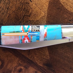 Southwestern Inlay Pocket Knife with Black Sheath- Inlay Turquoise Knife with Multi Stones - Micro Inlayed Knife - Stainless Steel Knife