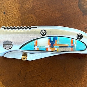 Turquoise Inlay Pocket Clip Knife with Multi Stones - Micro Inlayed Knife - Stainless Steel Knife - Inlay Multi Color Knife