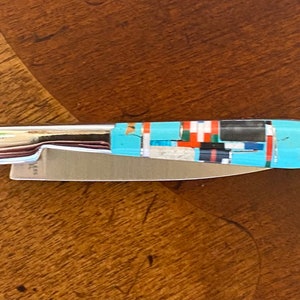 Small Turquoise Inlay Pocket Knife with Multi Stones - Micro Inlayed Knife - Stainless Steel Knife - Inlay Multi Color Knife