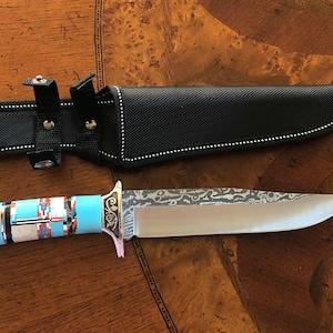 Inlay Knife with Black Sheath- Turquoise Inlay Knife with Multi Stones - Micro Inlayed Knife - Stainless Steel Knife