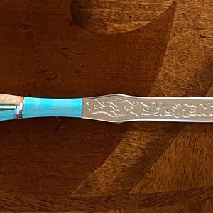 Cuchillo abrecartas de doble cara con incrustaciones turquesas - Cuchillo turquesa con piedras múltiples - Cuchillo con microincrustaciones - Cuchillo de acero inoxidable