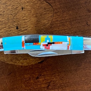 Small Three Bladed Turquoise Inlay Pocket Knife with Multi Stones - Micro Inlayed Knife - Stainless Steel Knife - Inlay Multicolor Knife