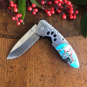 Turquoise Inlay Pocket Clip Knife with Multi Stones - Micro Inlayed Knife - Stainless Steel Knife