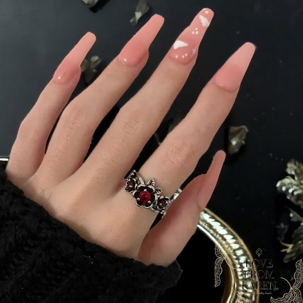 Anillo de gema gótica negra, anillos de gema roja, anillo de cristal rojo, anillos vintage, joyería para mujer, regalo para ella