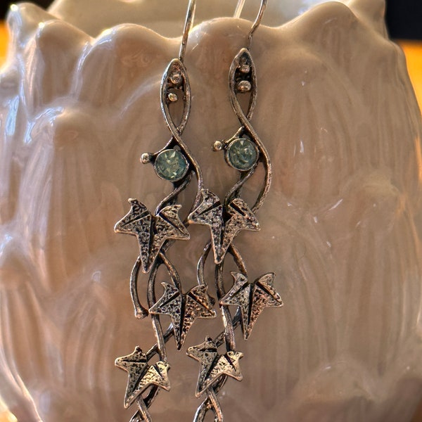 Gemstone Gothic Dangle Drop Earrings,Silver Leaf Earrings,Crystal Earrings,Ivy Floral Earrings,Plant Earrings,Womens Jewellery,Gift For Her