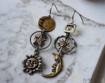 Sun And Moon Earrings,Rustic Star Sun And Moon Dangle Earrings, Geometric Earrings, Womens Jewellery,Gift For Her