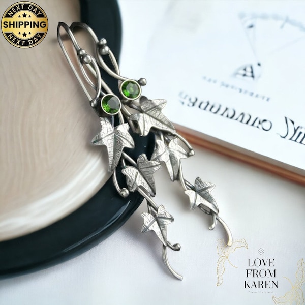 Original Design Silver Ivy Leaf Earrings,Green Gothic Dangle Drop Earrings, Ivy Earrings, Plant Earrings, Womens Jewellery,Gift For Her