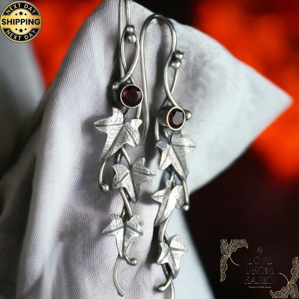 Silver Ivy Leaf Earrings, Red Gothic Dangle Drop Earrings, Ivy Earrings, Plant Earrings, Mystical Earrings,Womens Jewellery,Gift For Her