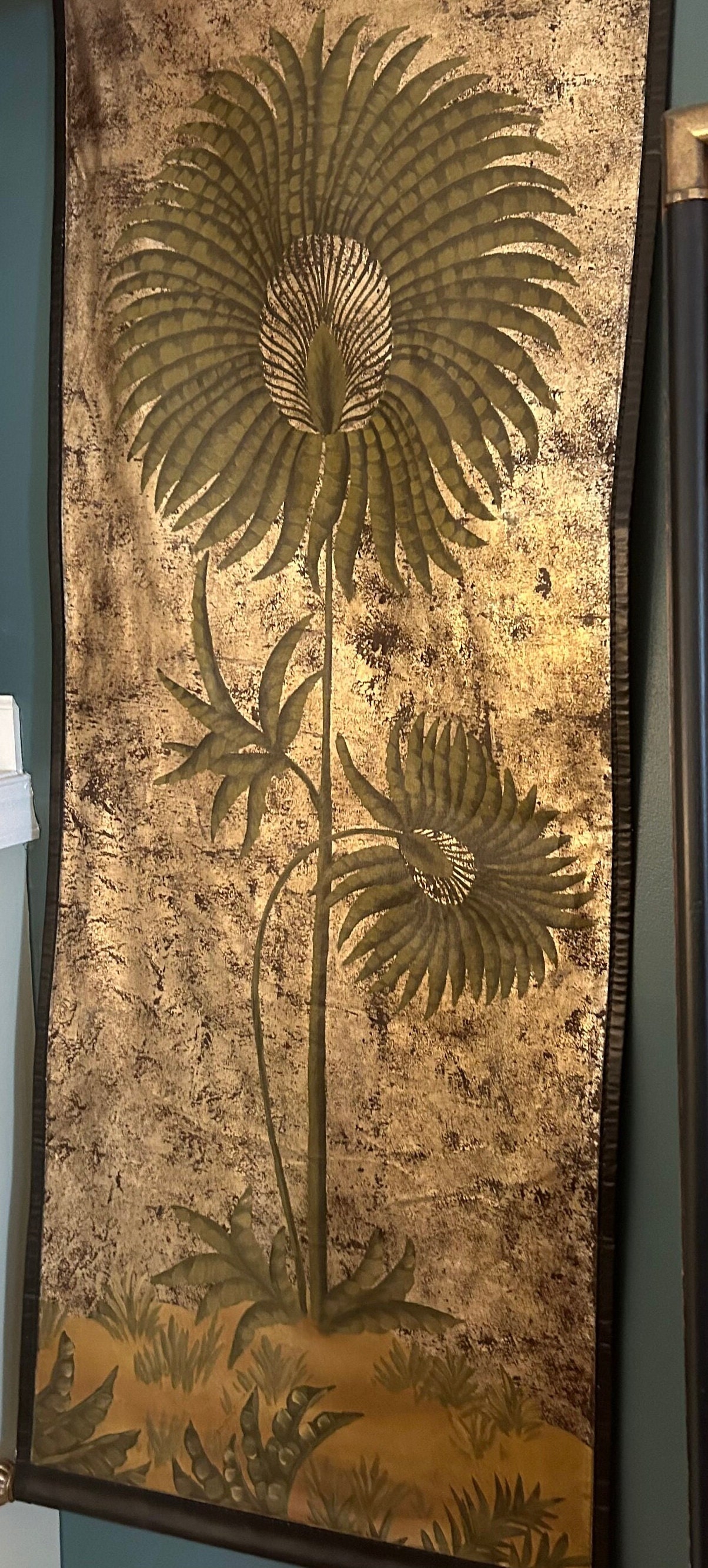 Vintage Chinese Painted Wall Hanging: Green Trees on Gold