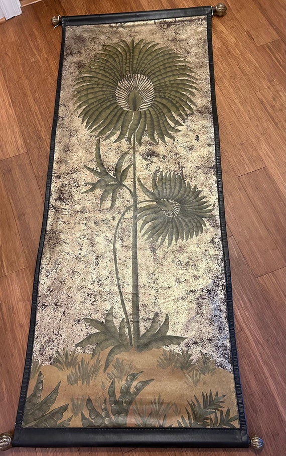 Vintage Chinese Painted Wall Hanging: Green Trees on Gold