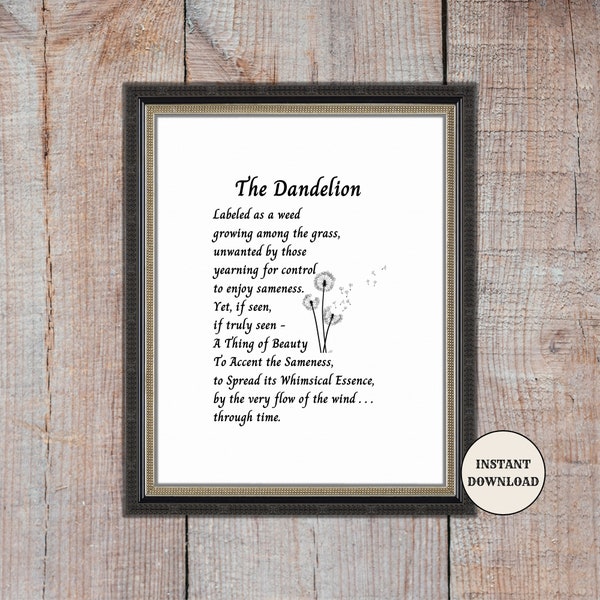 Original Printable Poem, The Dandelion, Minimalist Decor, Frameable Print, Meaningful Shelf Decor, Whimsical Digital Download, 8x10 inches