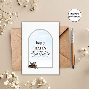 Druckbare Geburtstagskarte Bluebird of Happiness Greeting Card Instant Download, Cute Digital Happy Birthday 5 x 7 Inch handgemalte Notiz