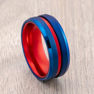 Tungsten wedding Band, Royal Blue & Red Groove, Brushed Blue Center Beveled Edges, Men’s Wedding Band, Engagement Ring, Unique 8mm Ring