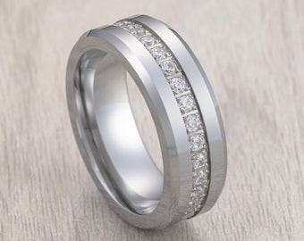 Tungsten Carbide Wedding Band Fully Stacked Cubic Zircon Beveled Edge Comfort Fit, 8mm ring