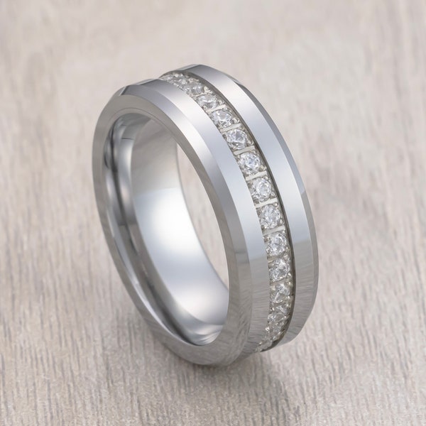Tungsten Carbide Wedding Band Fully Stacked Cubic Zircon Beveled Edge Comfort Fit, 8mm ring