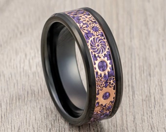 Black Tungsten Wedding Band, Purple Carbon Fiber Rose Gold Clockwork Gears, Engagement Ring, Men&#39;s Wedding Band, Celtic Ring, 8mm Ring
