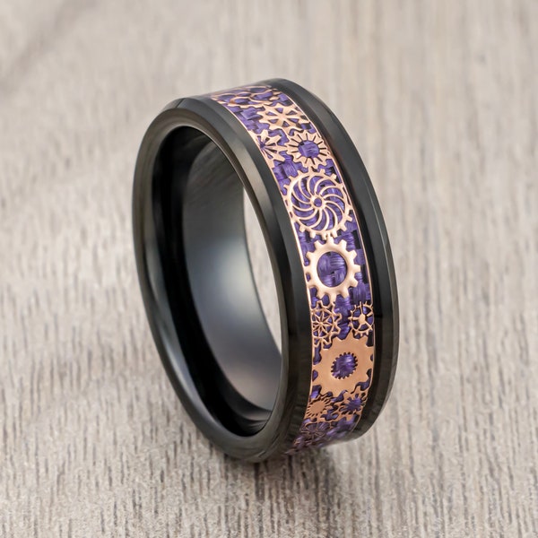 Black Tungsten Wedding Band, Purple Carbon Fiber Rose Gold Clockwork Gears, Engagement Ring, Men's Wedding Band, Celtic Ring, 8mm Ring