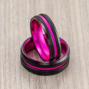Tungsten Wedding Band, Pink and Black Brushed finish, Wedding Band, Engagement Ring, Unique Wedding Ring, His and Hers Rings Pink ring