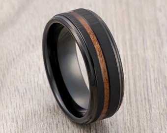 Black Tungsten Wedding Band, Koa Wood Inlay Ring, Comfort Fit, Men’s Wedding Band, Engagement Ring, Unique Rings, Wood Ring, 8mm Ring