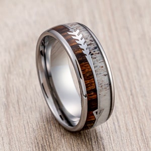 Silver Tungsten Wedding Band Mens, Deer Antler Ring, Koa Wood Inlay, Arrow Ring, 8mm Ring