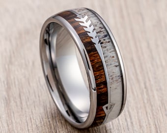 Silver Tungsten Wedding Band Mens, Deer Antler Ring, Koa Wood Inlay, Arrow Ring, 8mm Ring
