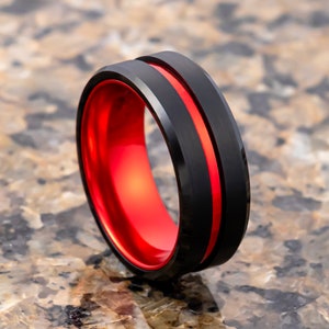 Black & Red Tungsten Carbide Wedding Band, Brushed Finished Beveled Edge, Men’s Wedding Band, Engagement Ring, Unique Wedding Rings 8mm ring