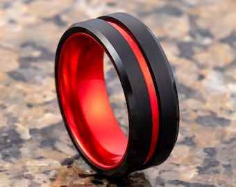 Wolframcarbid Ehering schwarz & rot, gebürstete fertige abgeschrägte Kante, Herren Eheringe, Verlobungsring, einzigartige Trauringe 8mm Ring