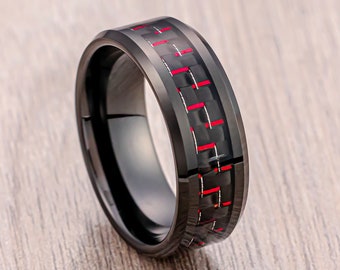 Black Tungsten Ring With Red Carbon Fiber Inlay, Engagement Ring Beveled Edges, 8mm Ring