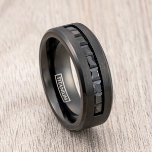 Black Titanium Men&#39;s Wedding Band, Black Princess Cut CZ Beveled Edges, Men’s Wedding Band, Engagement Ring, Unique Wedding Rings - 8mm ring