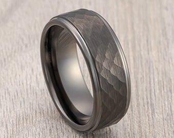 Gunmetal Tungsten Carbide Wedding Band with Stepped Edges Hammered Brushed Center, Anniversary Ring, Engagement Ring, Comfort Fit, 8mm Ring