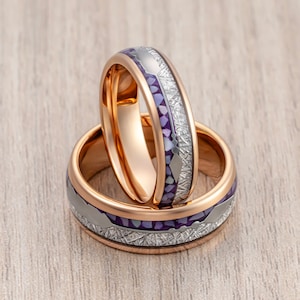 Tungsten Carbide Wedding Band Rose Gold Arrow Ring, Purple Agate & Meteorite Inlay, Men’s Wedding Band, Engagement Ring, His and Hers Rings