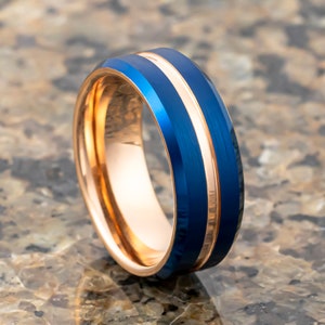 Blue & Rose Gold Tungsten Carbide wedding ring, Beveled Edges, 8mm Band