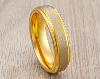 Gold Tungsten Wedding Ring, Gold Celtic Ring, High Polish Celtic Knot Pattern, Stepped Edges, Men’s Wedding Band, Engagement Ring, 6MM ring