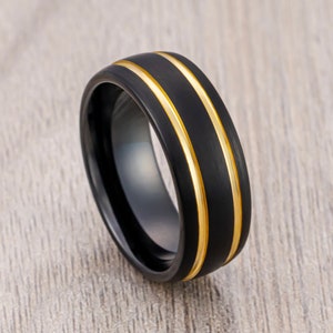 Men&#39;s Black Tungsten Wedding Band, 2 Gold Grooves Dome shape, Men’s Wedding Band, Engagement Ring, Unique Wedding Rings, 8mm Band