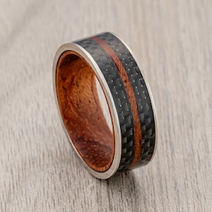 Carbon Fiber Wood Wedding Band, Whiskey Barrel OAK Wood Inlay, Engagement Ring, Men’s Wedding Band, Unique Wedding Ring, 8mm ring