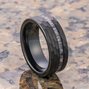 Black Tungsten Carbide Hammered Band with Off Center Asymmetrical Deer Antler Inlay, Wedding Ring, 8mm ring