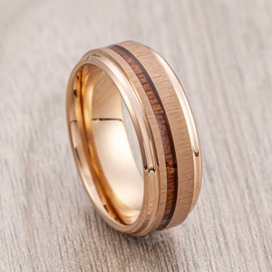 Rose Gold Tungsten Wedding Band, Koa Wood Inlay Ring, Comfort Fit, Men’s Wedding Band, Engagement Ring, Unique Rings, Wood Ring, 8mm Ring