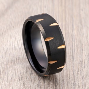 Black & Rose Gold Tungsten Wedding Band, Alternating Wedge Cuts Beveled Edges, Men’s Wedding Band, Engagement Ring, Unique Rings 8mm Ring