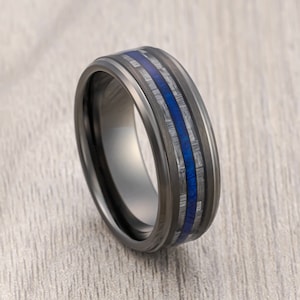 Gunmetal Tungsten Carbide Wedding Band Carbon Fiber and Blue Wood Inlay, Stepped Edges 8mm Ring